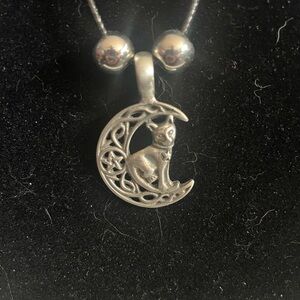 Silver Cat Moon Pendant Necklace